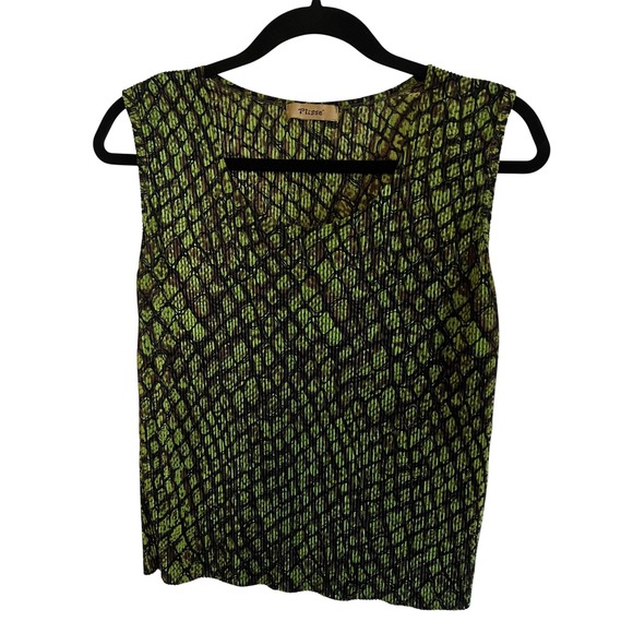 Plisse Tops - Vintage Y2K Plisse Lime Green Black Snakeskin Pleated Tank Top Size M